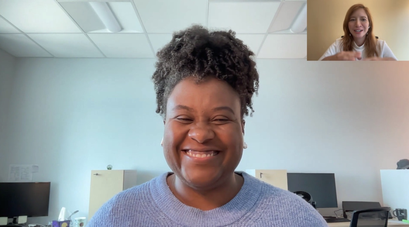 T&aacute;lita laughing on a video call